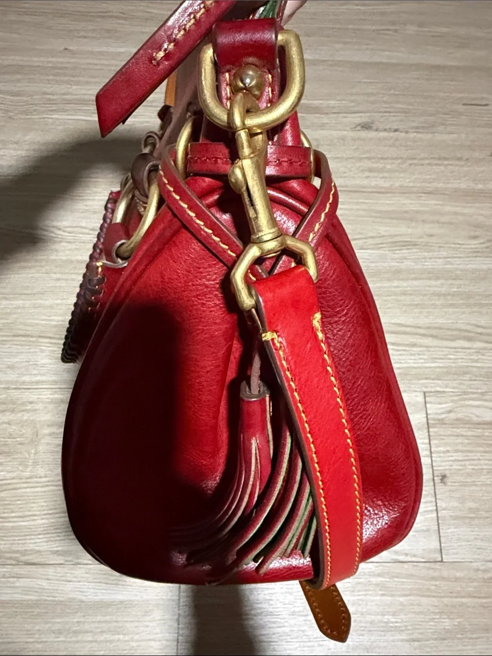 Dooney & Bourke Red Leather Shoulder Satchel with Brass Accents